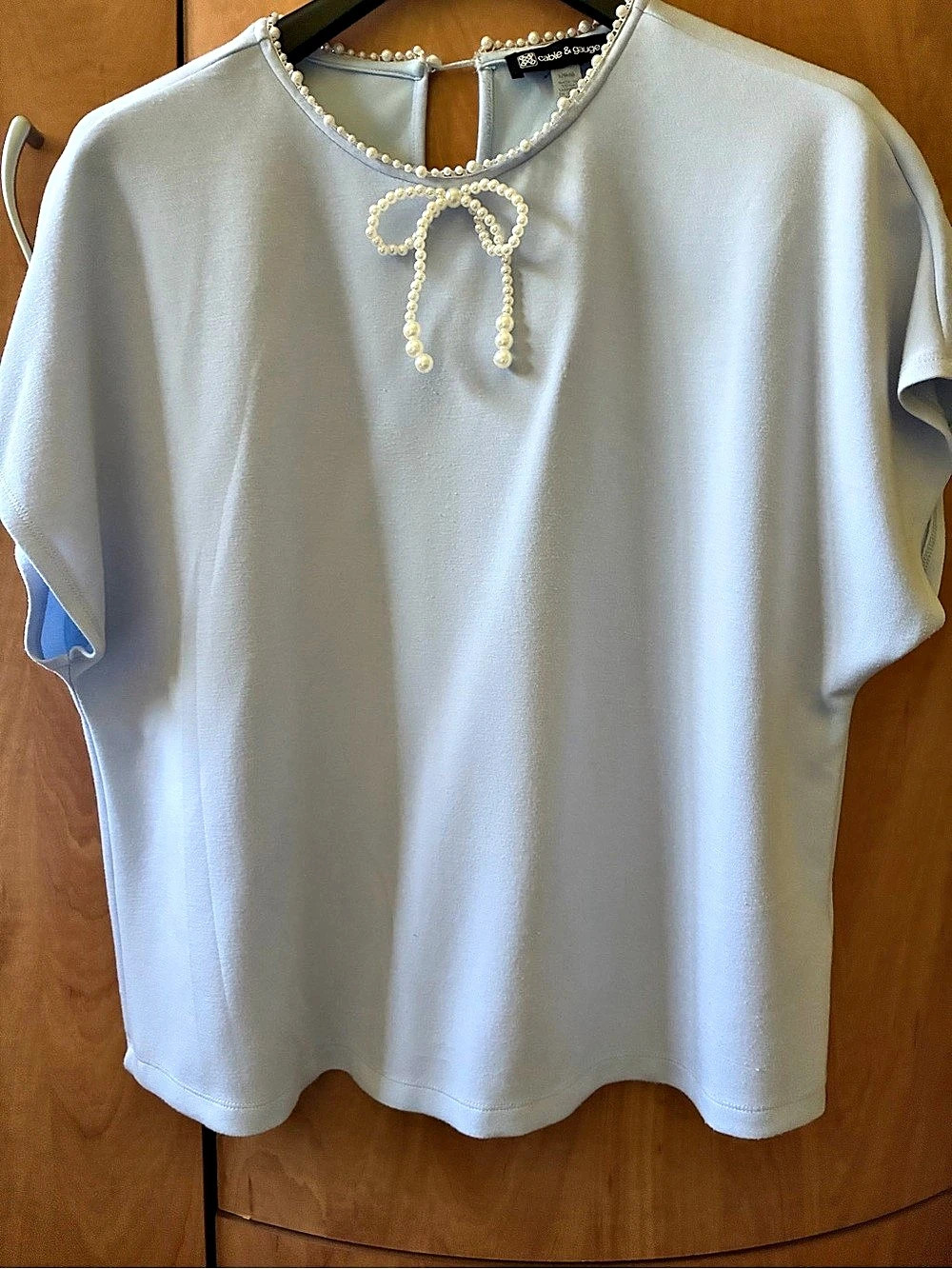 cable & gauge Pearl Trim Bow Neck Blouse Blue Large